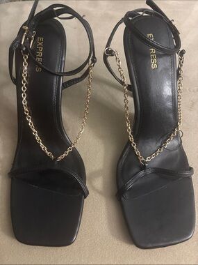 Express Black Strappy Heels with Gold Chain Accent
